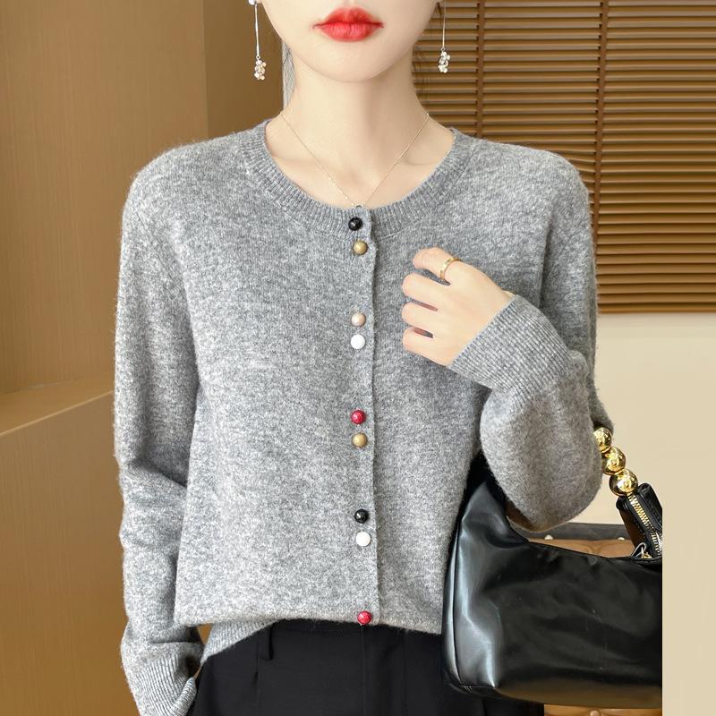 Color Buttons Soft Short Round Neck Sweater Women's Spring and Fall Knitwear