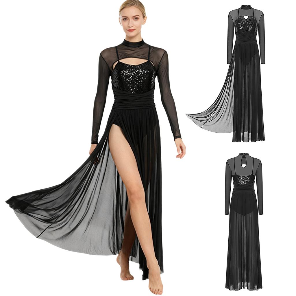 Women Lyrical Dance Costumes Sequin Long Sleeve Mesh Tulle Flowy Maxi Long Dress Built In Briefs Modern Dancewear