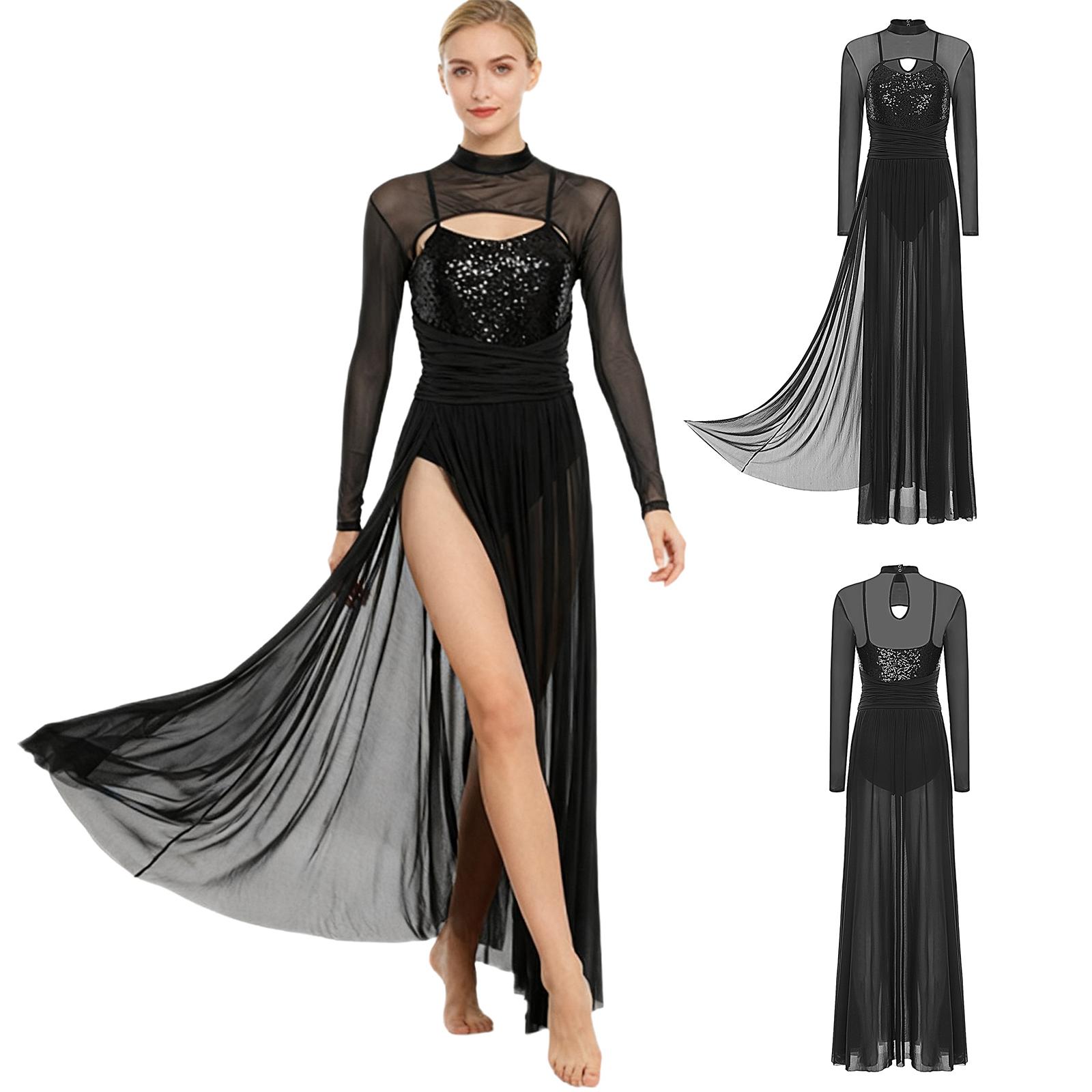 

S-XXL Women s Stage Performance Dress: Sequin Long Sleeve Mesh Tulle Flowy Maxi with Built-In Briefs for Modern Contemporary Dance S