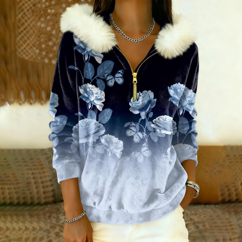 Damska luźna i wygodna codzienna moda bluza z kapturem z krótkim zamkiem błyskawicznym i długim rękawem z konwencjonalnym nadrukiem