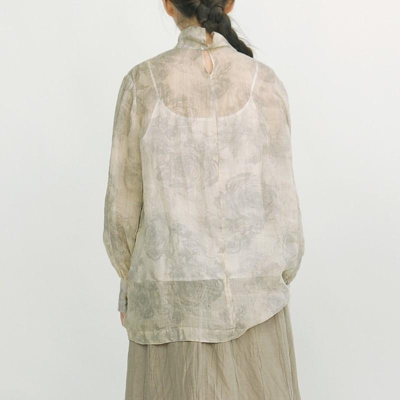 Johnature Tricouri vintage pentru femei, imprimeu de primăvară, tricouri florale de înaltă calitate, cu mânecă lungă, cu gât îndoit, tricouri pentru femei