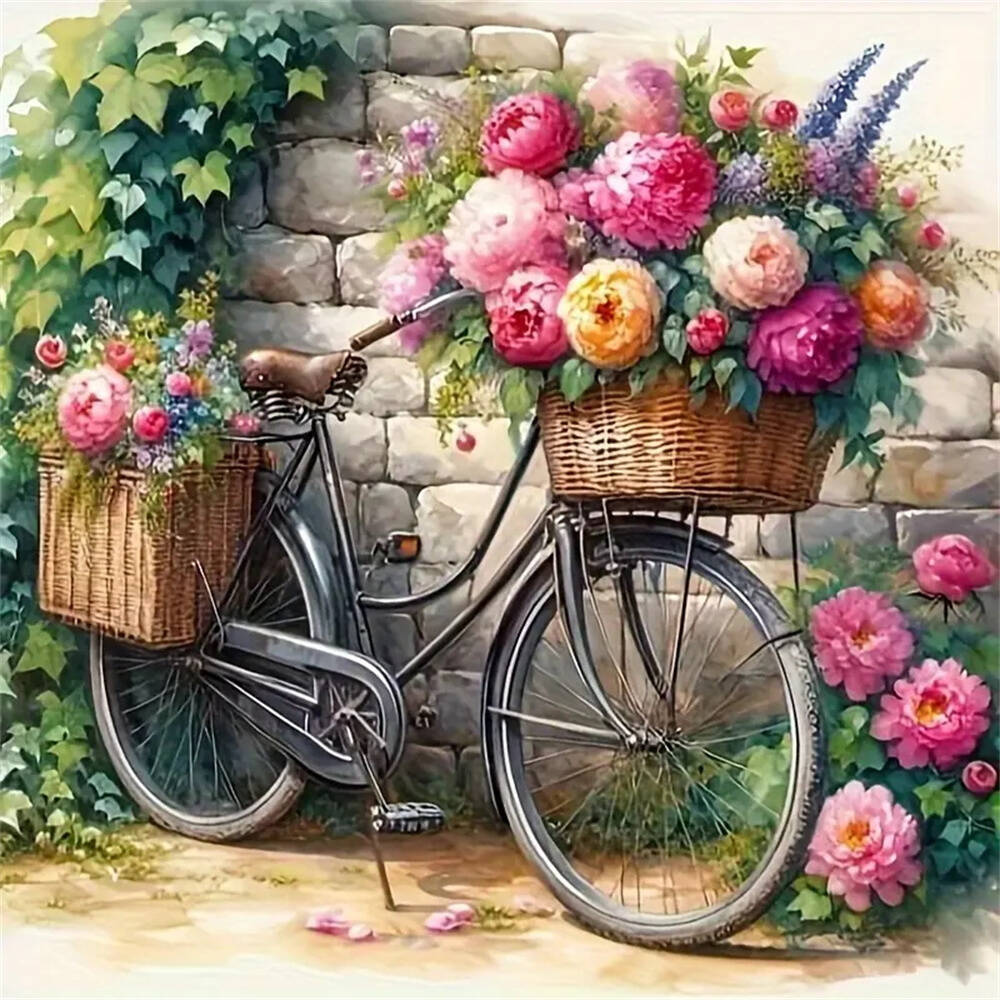 Evershine Diamond Mosaic Bicycle Landscape DIY Diamond Painting Peony Flower Pattern For Adults Beginners Handmade Gift