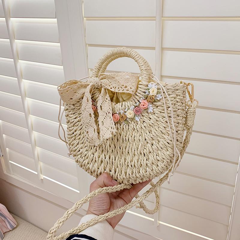 Fresh and Light Floral Woven Bag, Beach Vacation Bag, Beachside Single Shoulder Bag, Handbag, Grocery Basket Bag Casually