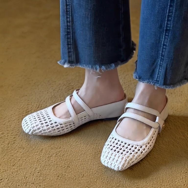 Platform Slippers Low Heel Thick Heel Single Shoes French Woven Hollow Mary Jane Shoes Women's Summer Retro Hole Sandals Women
