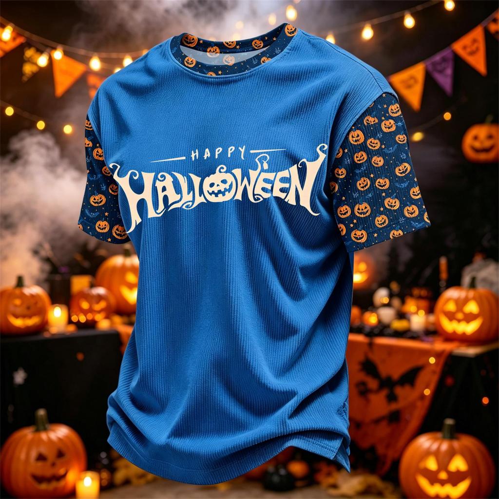 Herren Casual Corduroy Kurzarm Leicht Atmungsaktiv Rundhalsausschnitt Oberteil Halloween-Thema Aufdruck Buchstaben Design Bequeme Passform