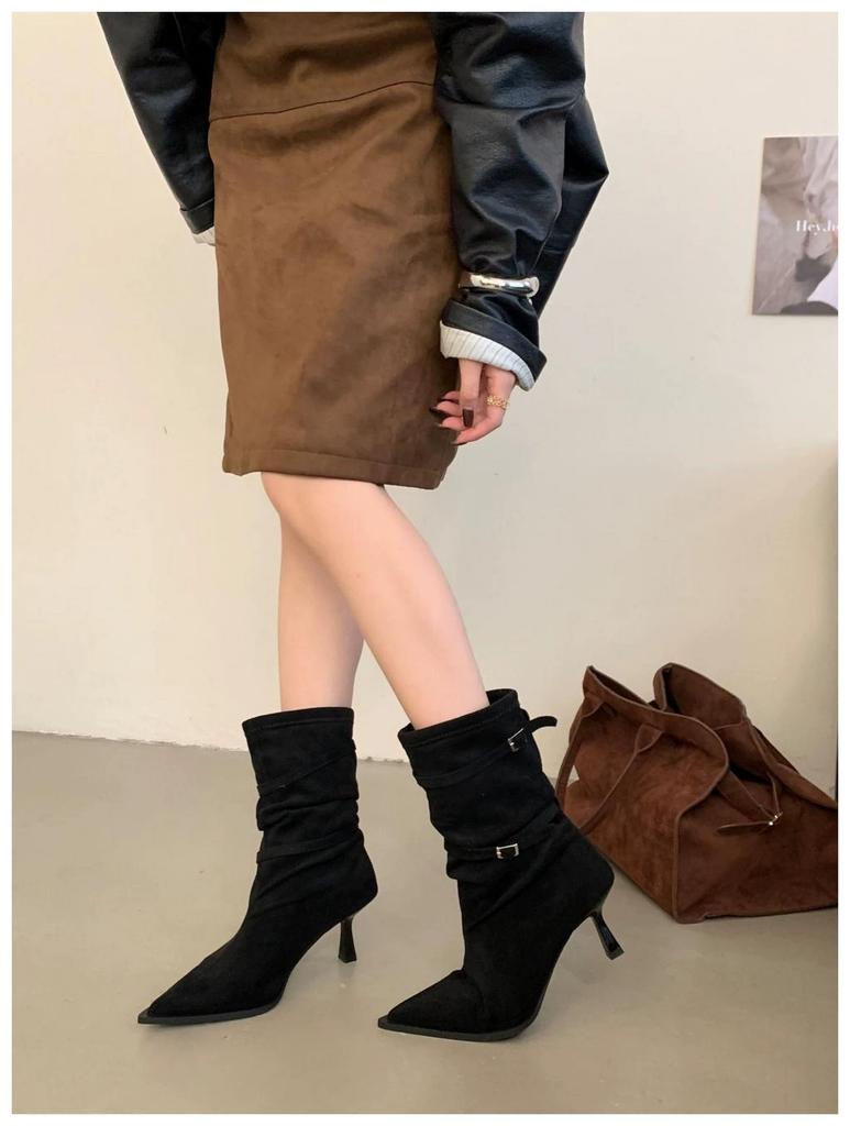 2025 Fashion New Thin Heel Short Boots Fashion Buckle Suede Pleated Modern Boots Versatile Pointed Toe Women's Stiletto Heels