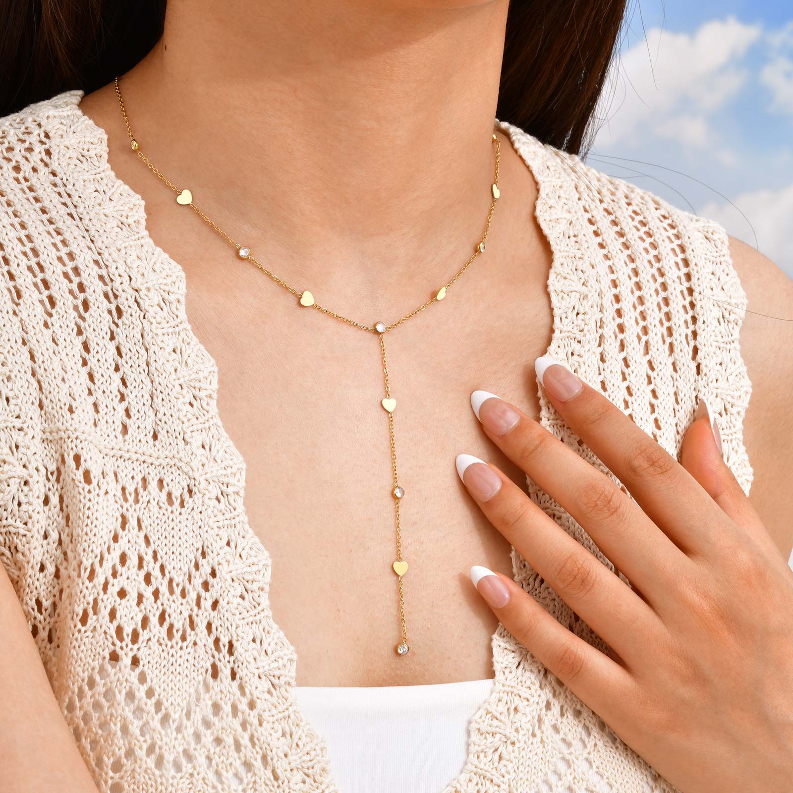 

Stainless Steel Butterfly Heart Y-Shaped Necklace for Women, Gold Plated Zircon Beaded Long Chain Necklace, Trendy Party Jewelry