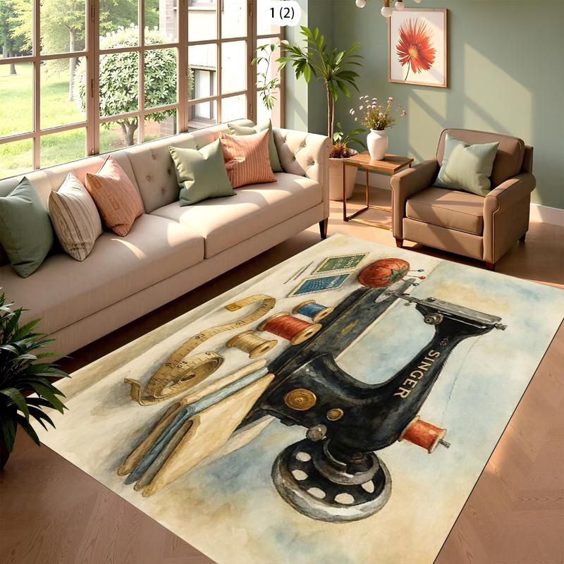 Sewing Machine Carpet Mat Rug Home Decoration Living Room Bedroom Floor Decor Vintage Scissor Thread Retro Style Non Slip Rugs