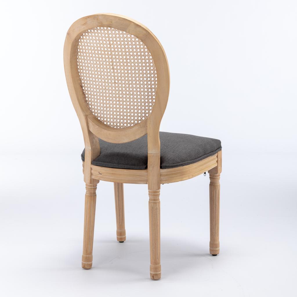 French Style Solid Wood Frame Antique Painting Linen Fabric Rattan Back Dining Chair, Set of 2,Gray ,DE1843DG