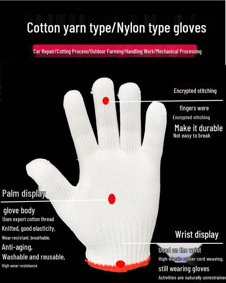 Durable White Nylon Cotton Work Gloves for Laborers