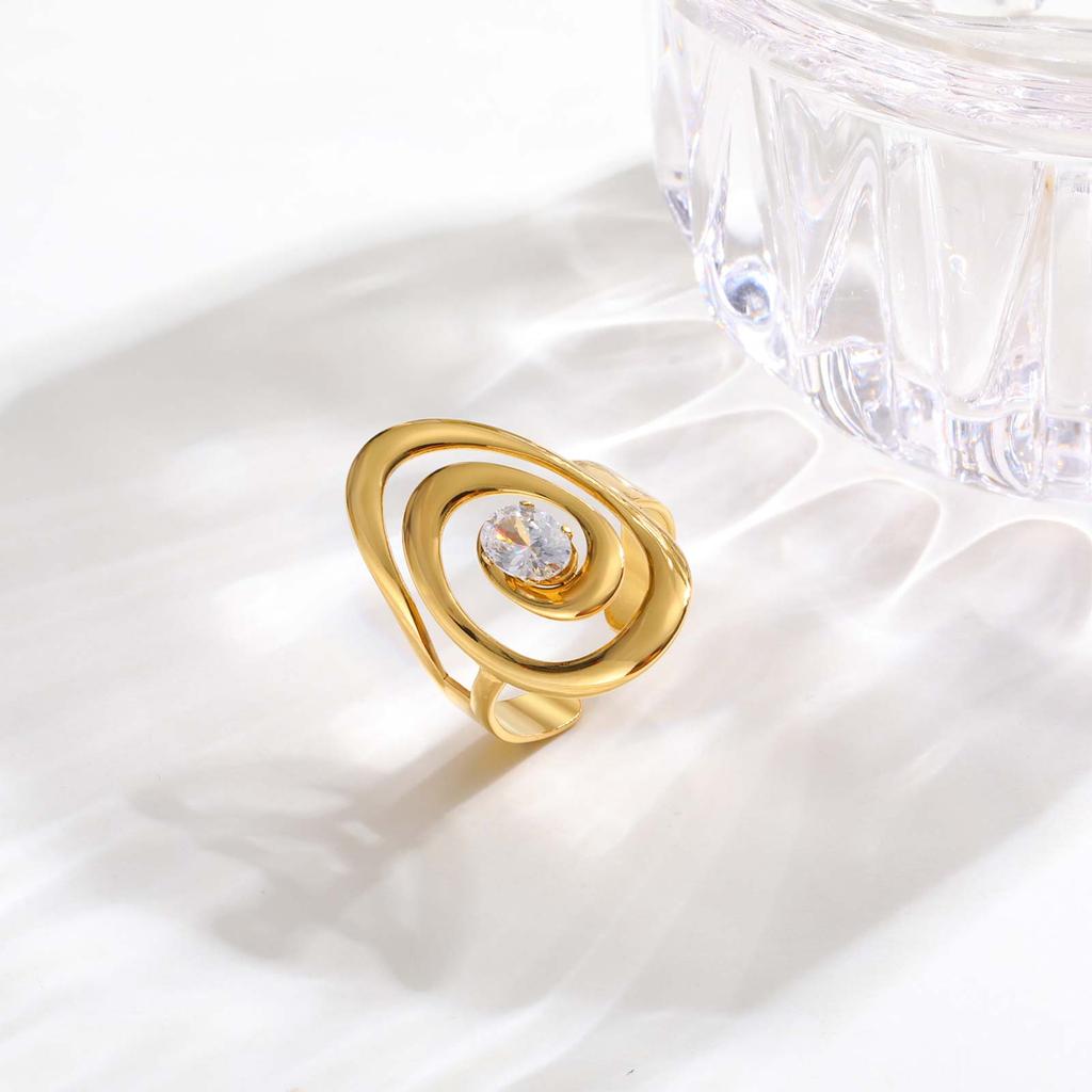Cubic Zircon Irregular Hollow Opening Ring for Women, Geometric Twist Lines Stainless Steel Ring, Fashion Waterproof Jewelry