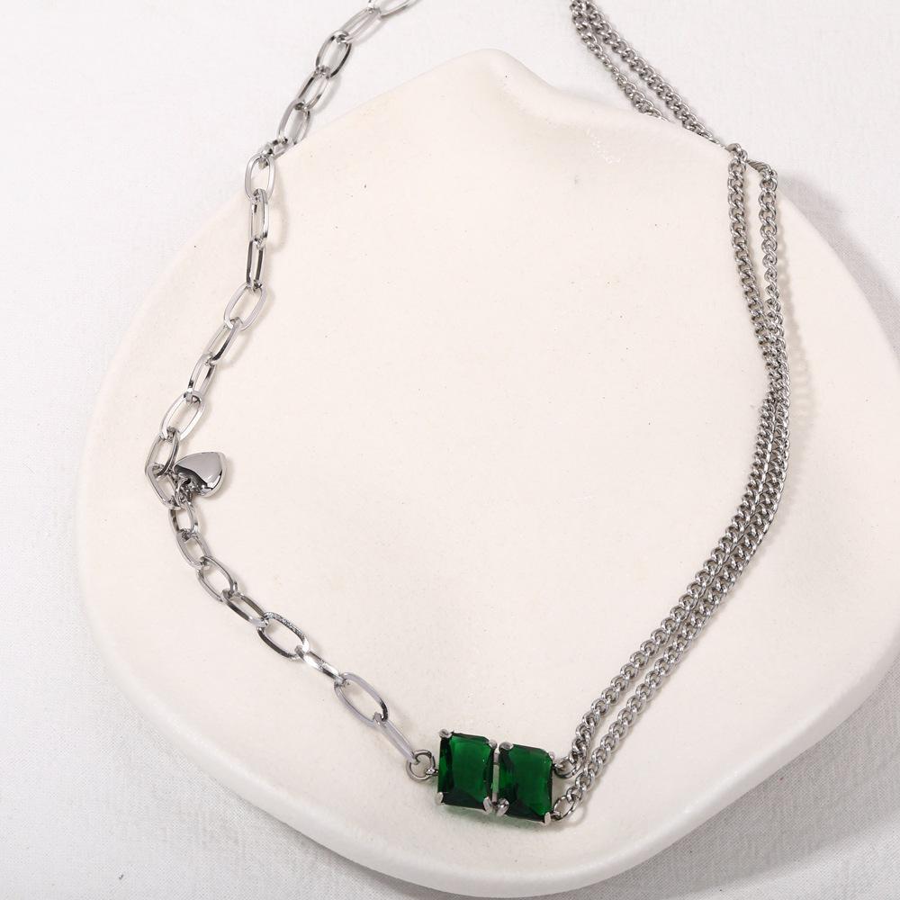 Green Cubic Zirconia Double Layer Titanium Steel Cuban Necklace - Minimalist Streetwear