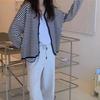 Retro Lazy Style Black White Stripe Knit Cardigan Women Loose Sweater Coat Spring Autumn