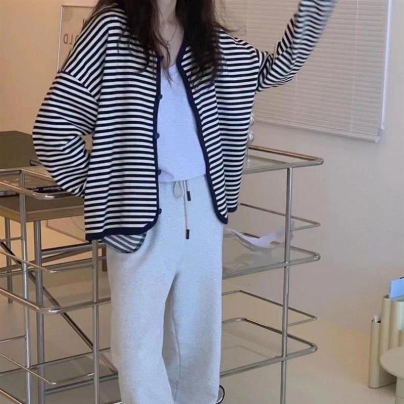 Retro Lazy Style Black White Stripe Knit Cardigan Women Loose Sweater Coat Spring Autumn