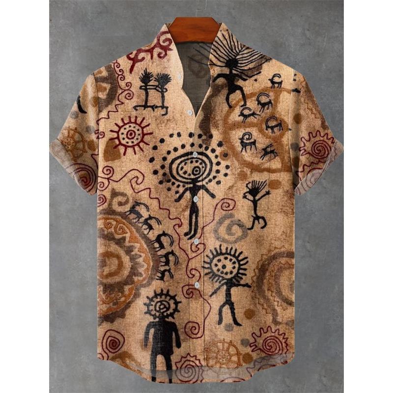 Camicia da Uomo Hawaiana Vintage in Lino a Maniche Corte Stampa Completa Fantasia Geometrica Manica Corta Casual da Spiaggia Abbigliamento Streetwear