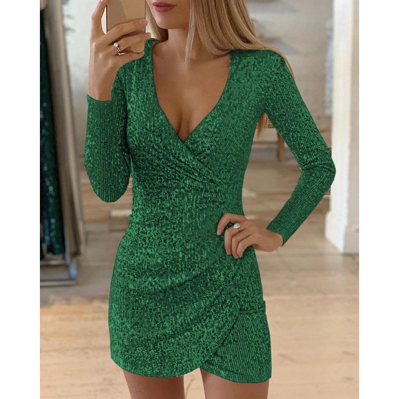 YYFS Dámská móda Jaro Podzim Jednobarevný potisk Neformální šaty s dlouhým rukávem a výstřihem do V s vysokým pasem