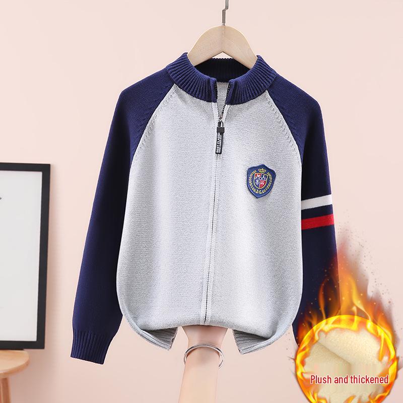 Jungen Baumwoll-Strickjacke mit Fleecefutter und Reißverschluss: Dickstrick für große Kinder, Herbst-/Winter-Oberbekleidung