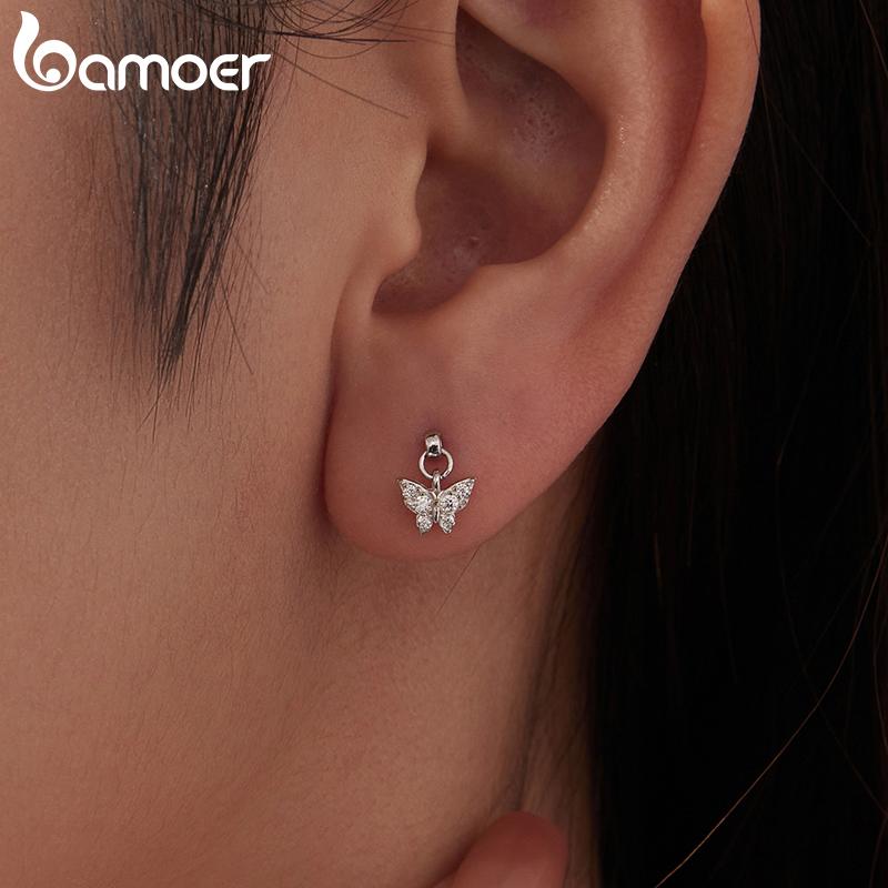 BAMOER 925 Sterling Silver Butterfly Screw-Back Stud Earrings Full Zircons Mini Cross Heart Earrings Hypoallergenic for Women