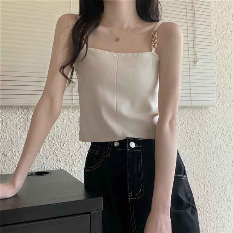 

Black chain knitted sling vest for women s outer wear New Korean version versatile sleeveless short top in summer One size fits all белый