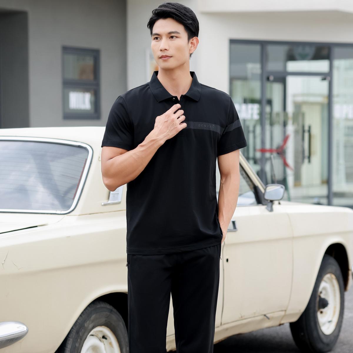 

Мужской повседневный летний спортивный костюм: Короткий рукав, длинные брюки, легкий лацканный спортивный костюм, большой размер. XL