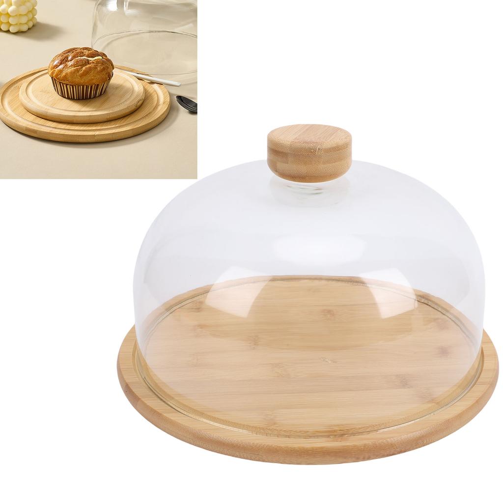 11 Inch Wood Cake Stand with Glass Dome Lid Covered Round Serving Platter Tray for Fruit Pies Cheese Deserts Appetizers