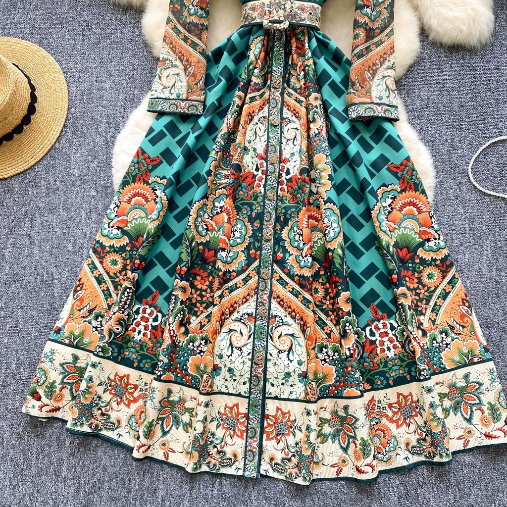 Spring Autumn Women Elegant Notched Collar Designer Print Single Breasted Long Maxi Holiday Party Blazer Dresses