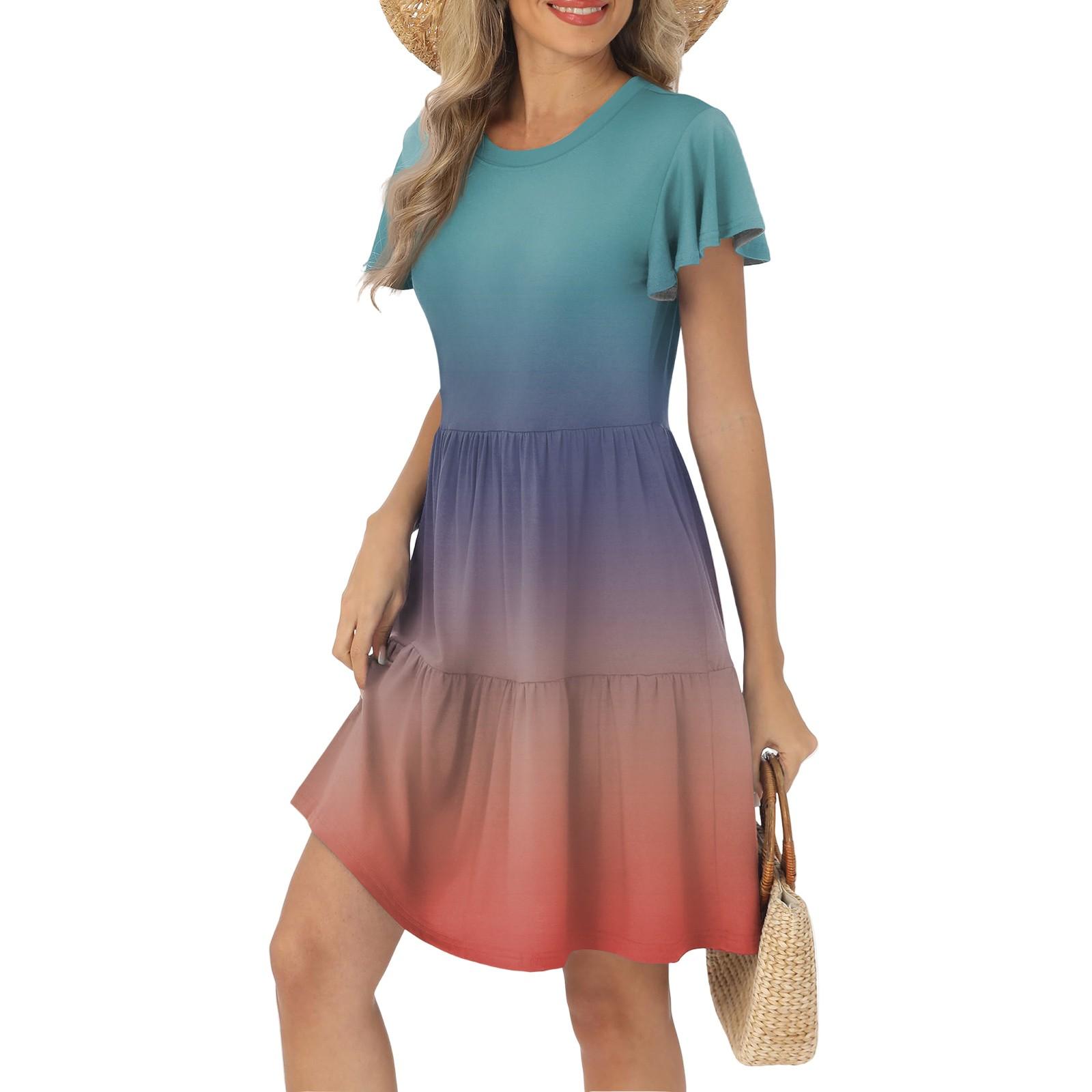 Women s Summer Ruffle Sleeve Round Neck With Pocket Striped Gradient Print Casual Dresses S