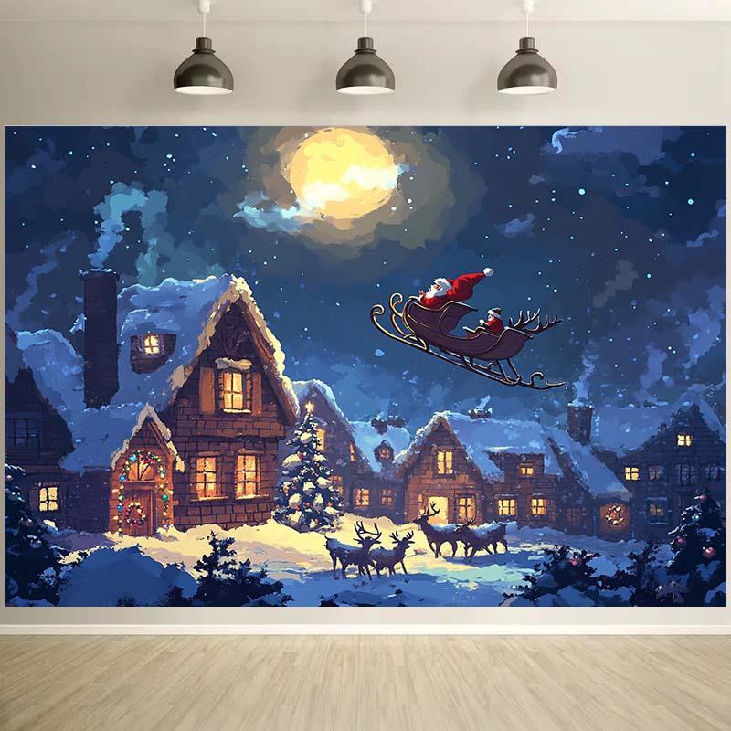 Santa Claus Sled Village Christmas Background with Moon Snow and Reindeer - Polyester No Power Required