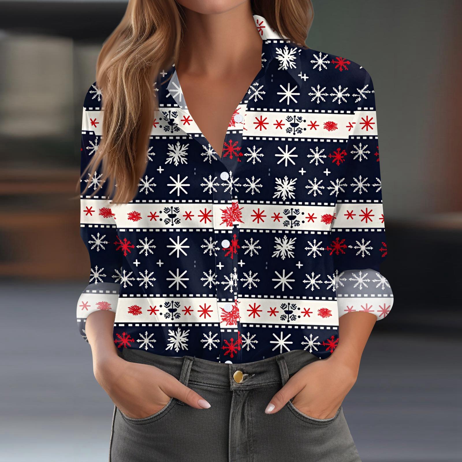 

Женская рубашка-блузка с рождественским принтом и пуговицами, длинный рукав, повседневный базовый рубашечный воротник, обычный топ XXL