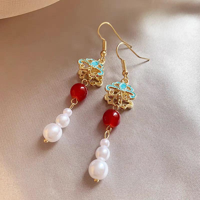 New New Chinese antique red beaded auspicious cloud pearl ear hook premium Hanfu cheongsam earrings