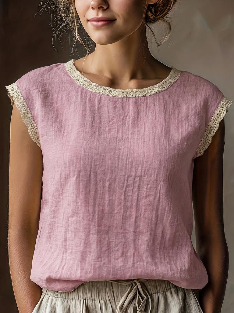 2026 Damen Retro Lockeres Ärmelloses Leinenhemd mit Spitzen-Patchwork