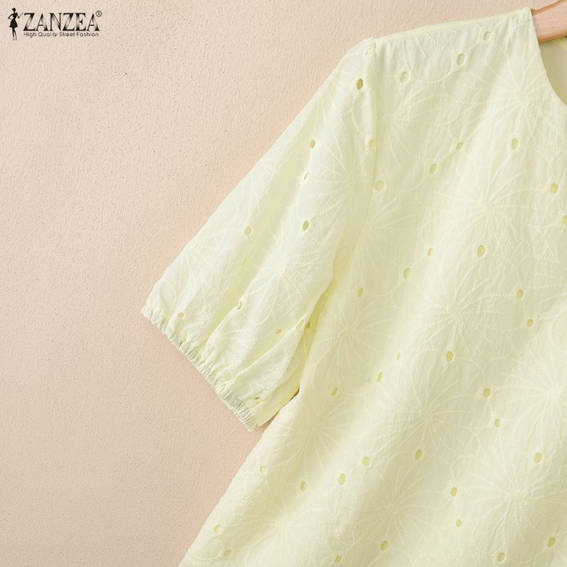 ZANZEA Women Casual Round Neck Lace Crochet Patchwork Summer Short Sleeve Blouse