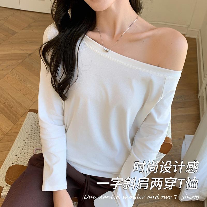 2 diagonal collar one-word shoulder 2 cotton bottoming shirt with long-sleeved t-shirt inside women's autumn and winter loose and thin top