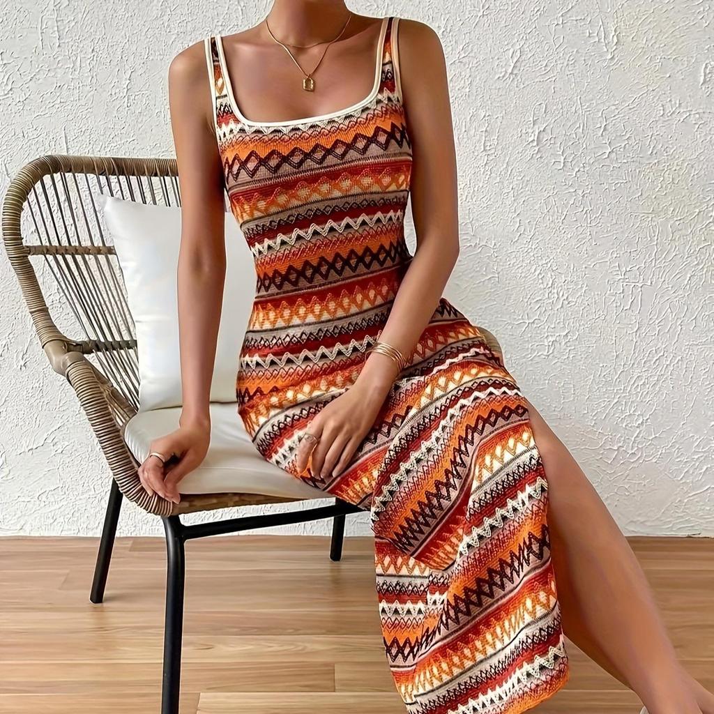 Summer Square Collar Stripe Side Slit Long Dress Women Bohemia Bodycon Dress Sexy Package Hips Sleeveless Tank Dresses Clothing