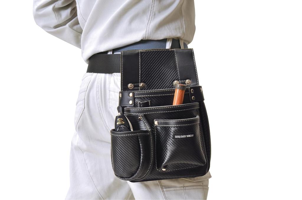 SK11 Carbon Leather Nail Pouch, Black, Genuine Cowhide Leather, Belt Loop with Slit, Ink Pot Pocket (SK-CLK-SP)