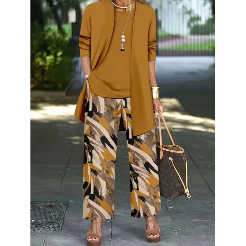 1-Piece Women's Set, Spot 1D Digital Printed Cardigan Jacket with Tank Top and Elegant Casual Pants