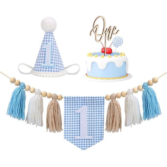 1st Birthday Highchair Banner Decorations, 1st Birthday Decorative for Boys with Wooden Bead Tassel, Birthday Banner with Blue Checkered Cone Hat and