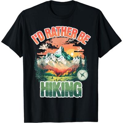 WESFY Id Rather Be Hiking Mountain Sunset Funny Nature Camping T-Shirt Graphic Letter Print T Shirt