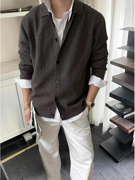 

Men s Korean-Style Core-Spun Yarn Cardigan: Autumn Casual Sweater in Old Money Trendy Commuter Design XXL кавовий