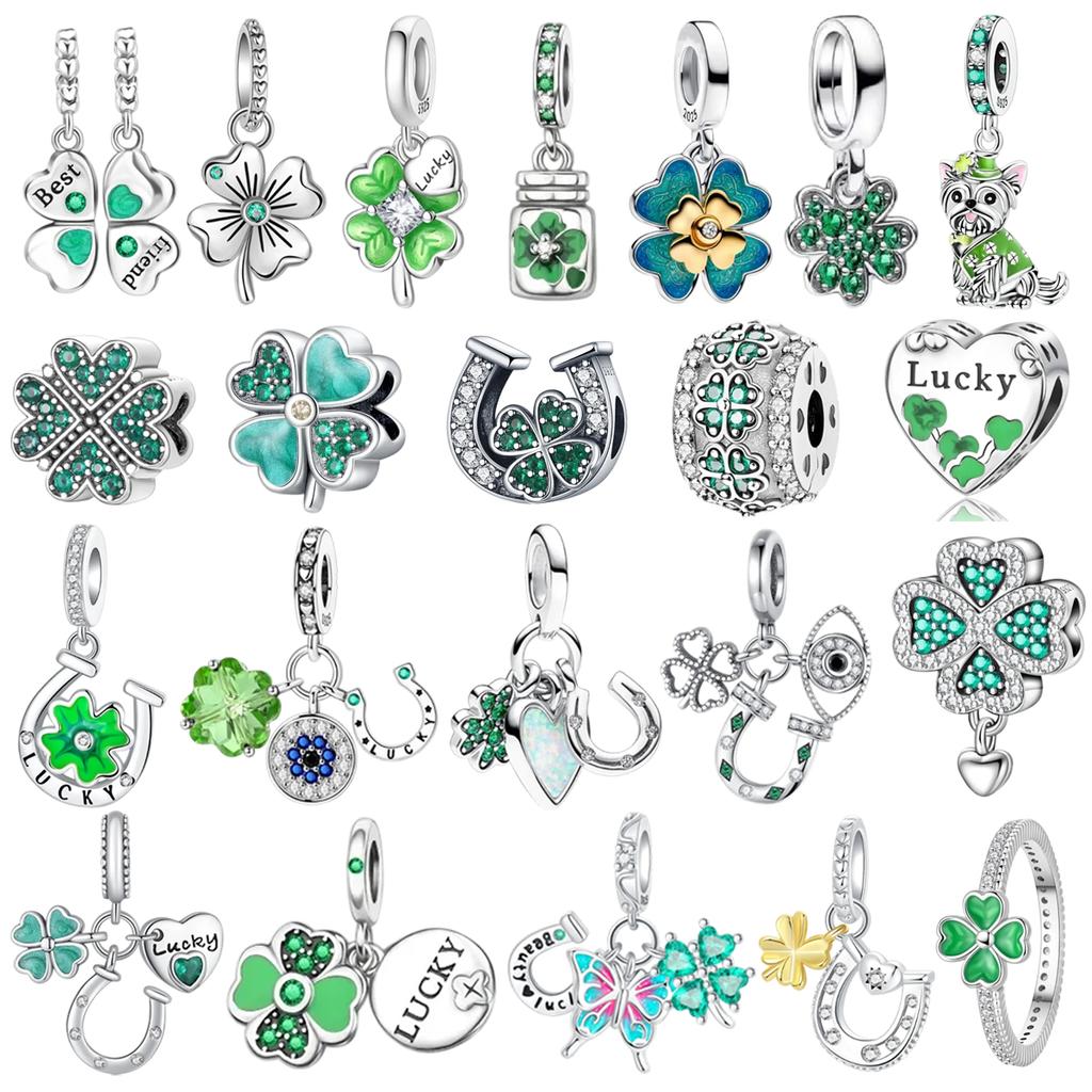 Lucky 925 Silver Charms Green Four Leaf Clover Horseshoe Bead Earrings Pendant Exquisite Bracelets Necklaces DIY Jewelry