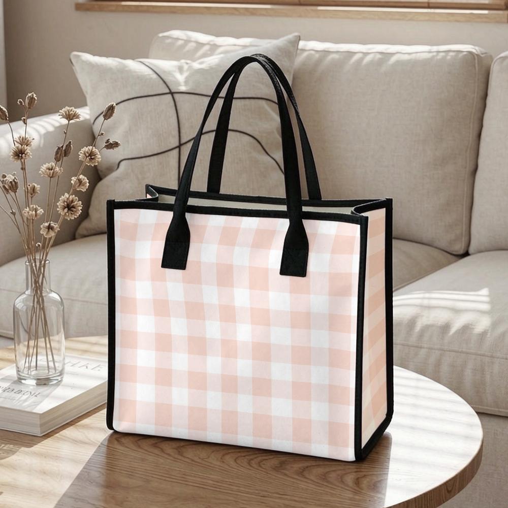 Pink Plaid Canvas Tote Bag Casual Daily Handbag Large Capacity Lightweight Shopping Shoulder Bag for Women