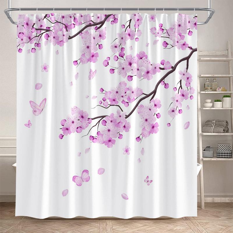 

Butterfly Floral Shower Curtains Watercolour Pink Cherry Blossom Flowers Japanese Style Bath Curtain Fabric Home Bathroom Decor W60H190(CM)-1 Pcs