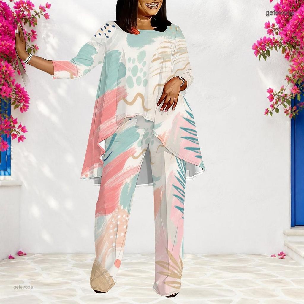 Women Plus Size Round Neck Printed Long Sleeve Layered Top Long Pants Two Piece Set