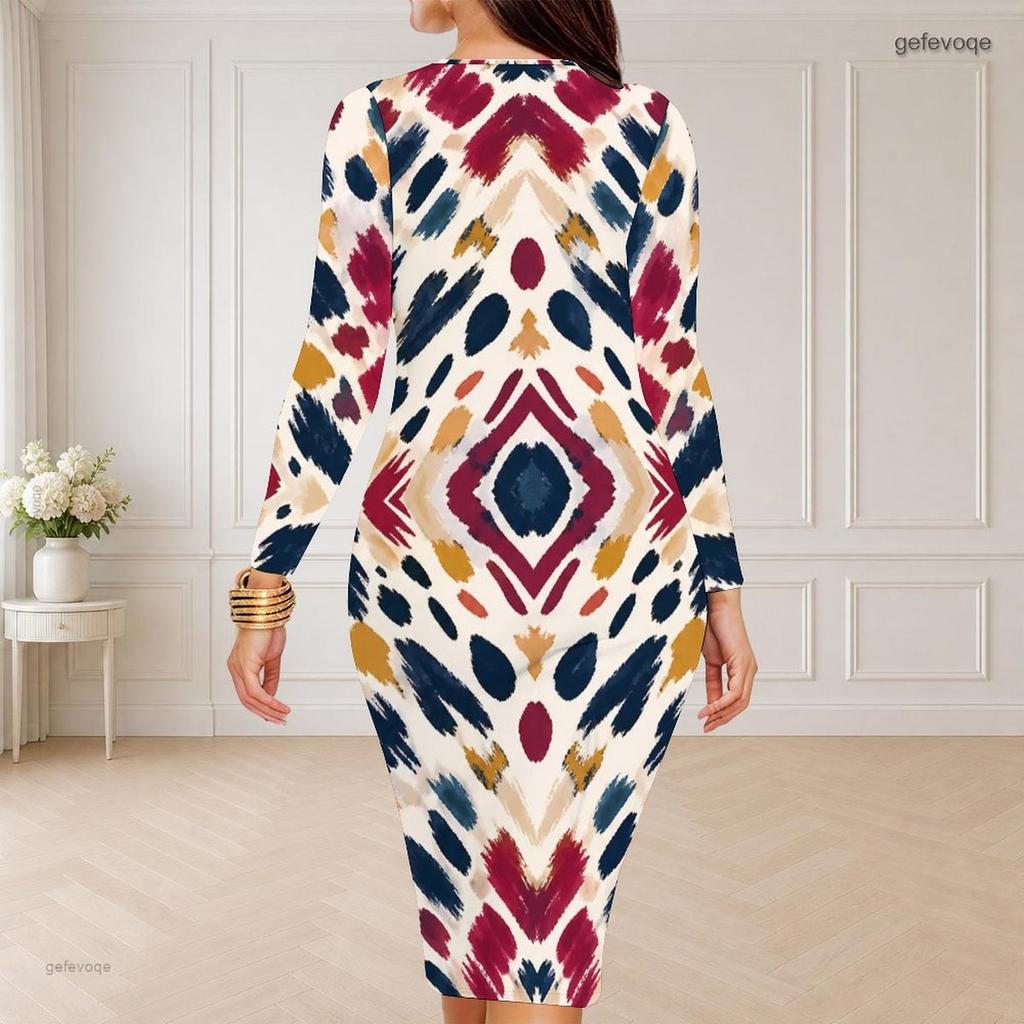 Damen Übergröße Rundhals Langarm Bedrucktes Bodycon Midi-Kleid