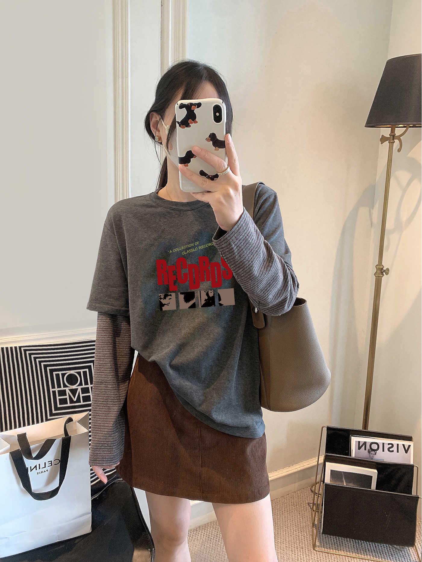 

Korean Sweet Patchwork Striped Long Sleeve Women s Round Neck Color Block T-Shirt for Autumn/Winter L темно-серого