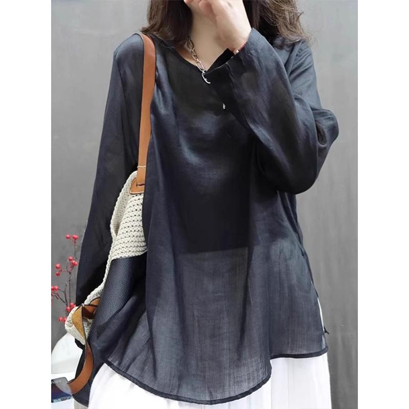 Loose Cotton and Linen Round Neck Long-sleeved T-shirt Spring and Summer New Light Medium and Long Pullover
