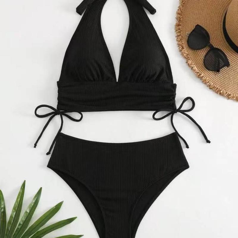 New European and American Swimsuit Special Fabric Solid Color Neck Women's Split Bikini Swimsuit