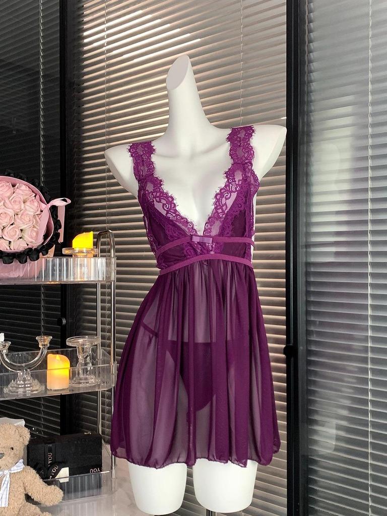 Elegantes tief ausgeschnittenes rückenfreies Spitzen-Netz-Nachthemd - Transparentes Camisole-Dessous für Damen