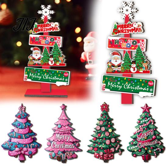 Double Sided Printed Decorations 2D Wooden Christmas Tabletop Ornaments, Xmas Tree Santa Lightweight Trees Snowman Sign with Stand, Holiday