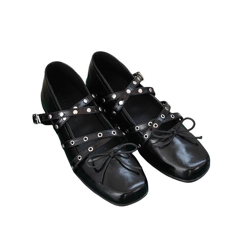 

Red bow small single shoes women s spring and summer retro shallow rivet double cross belt ballet flats 40